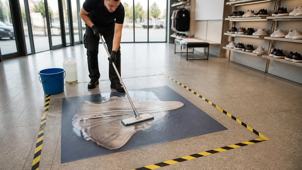 7 fejl ved rengøring af gulvreklamer i høj trafik 2 Medarbejder rengør et trykt gulvreklamemotiv i en butik med høj trafik ved hjælp af en blød mop og neutralt rengøringsmiddel, med afspærringstape omkring området og naturlig belysning fra vinduerne