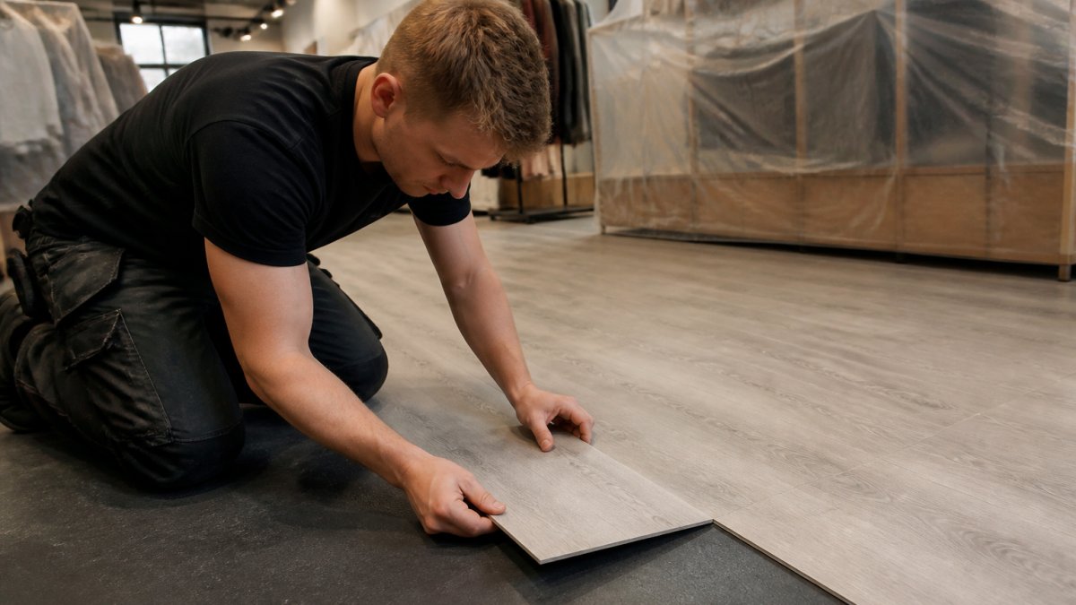 Håndværker monterer slidstærke gulve ved at klikke vinylplanker sammen i en butik med tildækkede stativer.