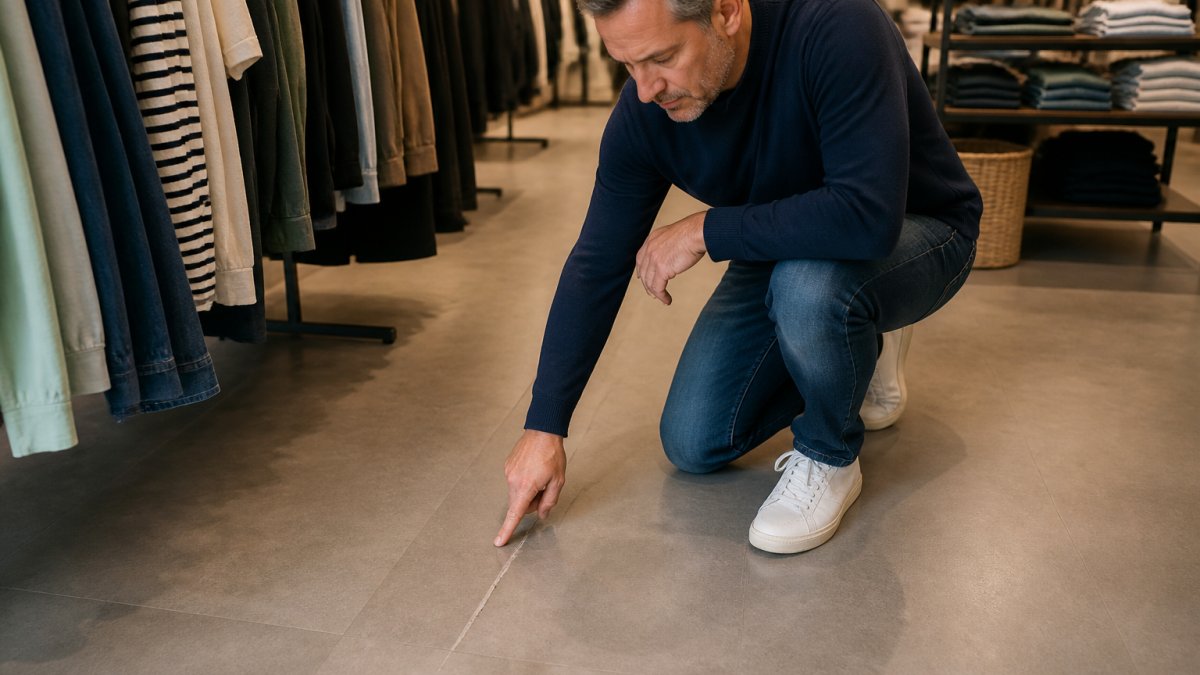 Butikschef inspicerer en ridse i et vinylgulv butik ved et tøjstativ under varm belysning