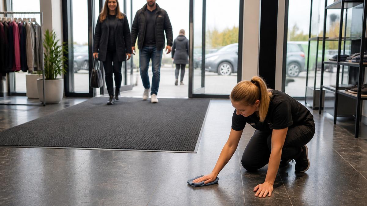 Medarbejder rengør gulvfolie i travl butiksindgang med måtte og kunder.